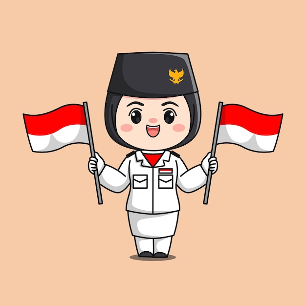 Indonesia independence day flag raiser hijab female character chibi kawaii flat cartoon illustration