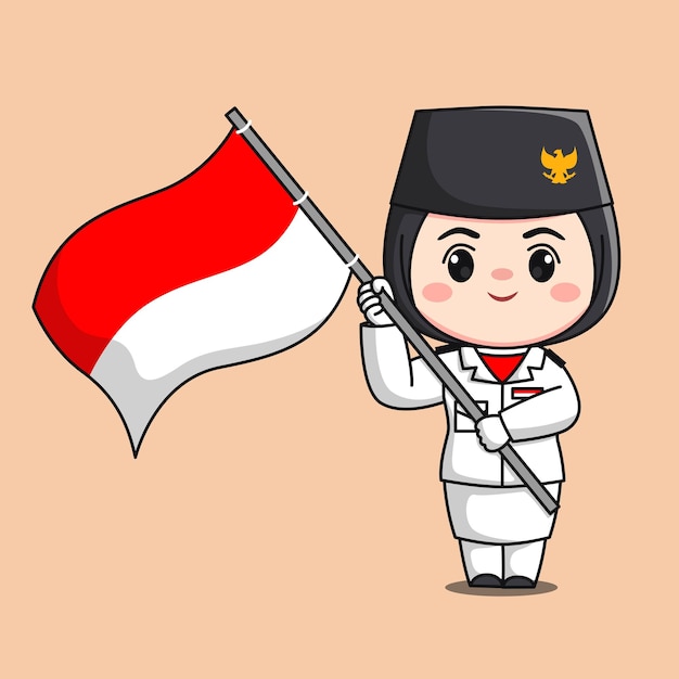 Indonesia independence day flag raiser hijab female character chibi kawaii flat cartoon illustration