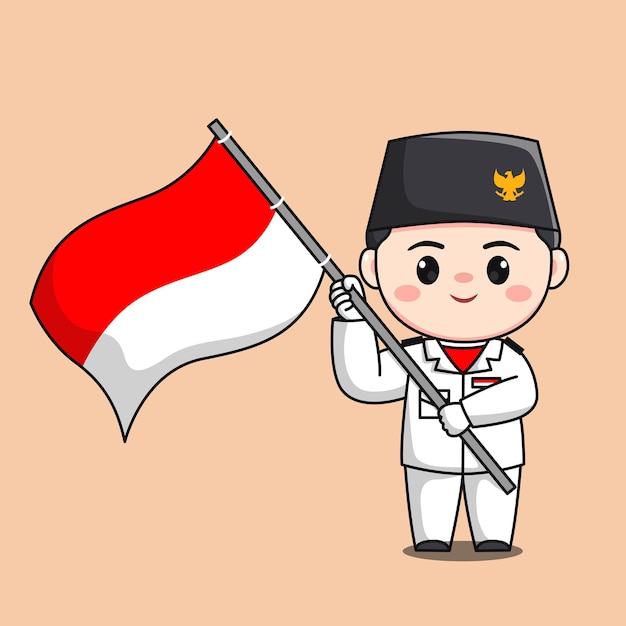 Indonesia independence day flag raiser male character chibi kawaii flat cartoon illustration