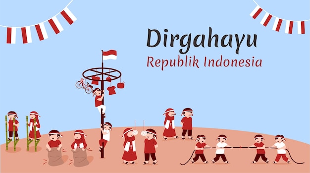 Indonesia independence day greeting card with traditional games concept illustration