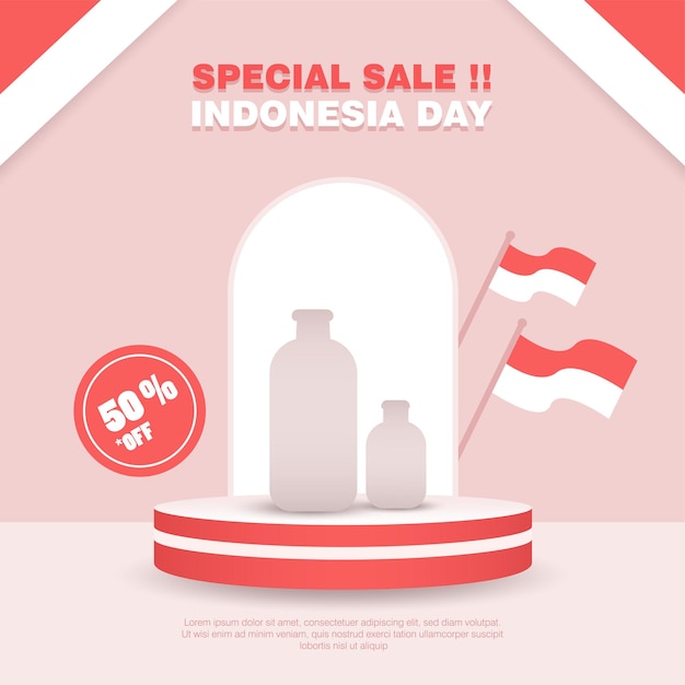 Indonesia independence day social media banner template with product sample. clean minimalist red podium display for flash sale banner template