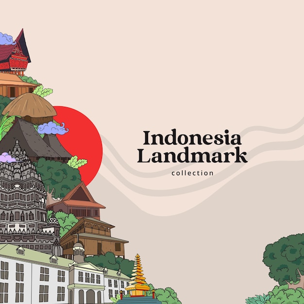 Indonesia Landmark. Hand drawn Indonesian cultures background