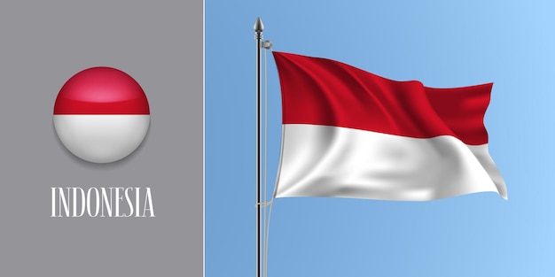 Indonesia waving flag on flagpole and round icon vector illustration. Realistic 3d mockup with design of Indonesian flag and circle button