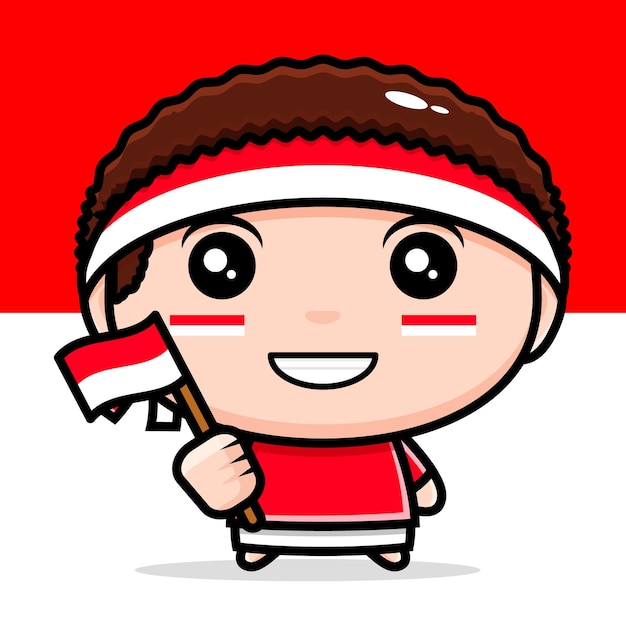 Indonesian boy mascot cute character holding Indonesian flag