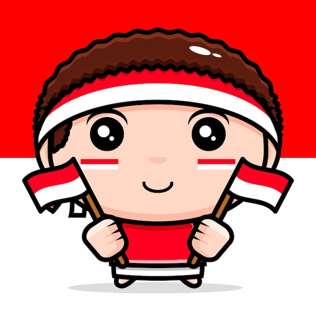 Indonesian boy mascot cute character holding Indonesian flag