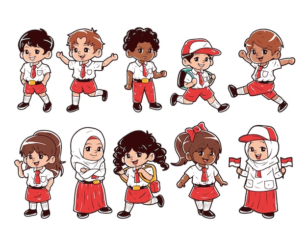 Indonesian boys and girls elementary school student vector illustration set