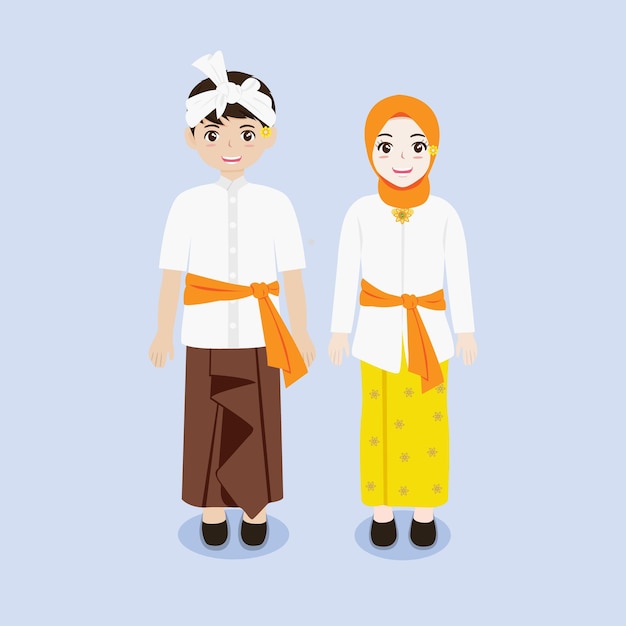 Indonesian couple wearing bali traditional costume with hijab vector illustration