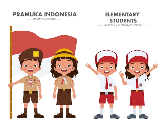 Indonesian elementary school students and scouts in uniform