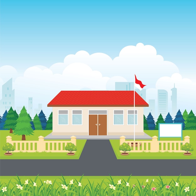 Indonesian Elementary School with green yard and nature landscape background