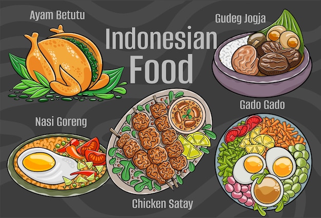 Indonesian food A set of classic dishes Cartoon hand drawn illustration