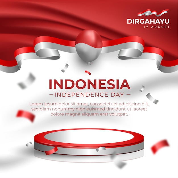 Indonesian Independence Day Social Media Flyer with Red and White Flag Ribbon and Podium