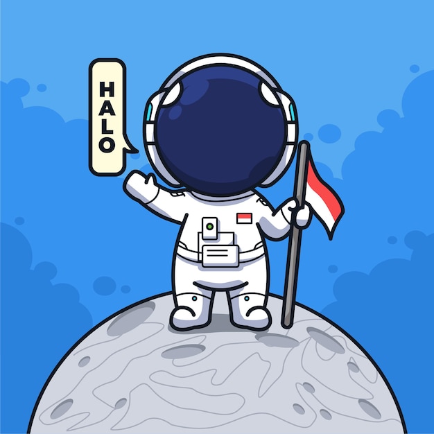 Indonesian Little Astronaut holding flag and saying hello on the moon in cute line art illustration