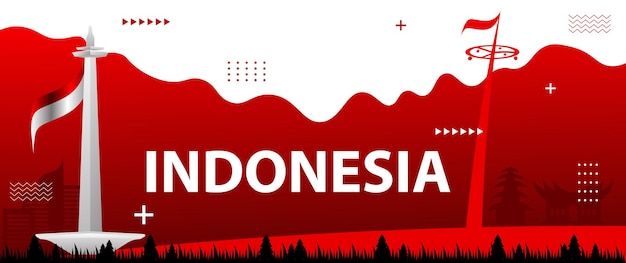 Indonesian national day banner with geometric abstract ornaments complete with elements of the red and white flag monas and Indonesian traditional houses