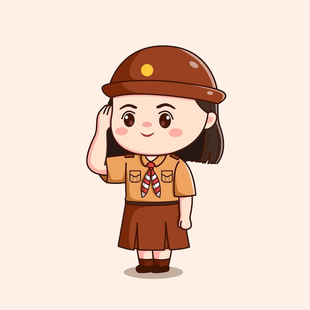 indonesian scout girl saluting cute kawaii chibi character illustration