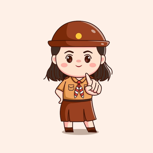 indonesian scout girl with pointing finger cute kawaii chibi character illustration