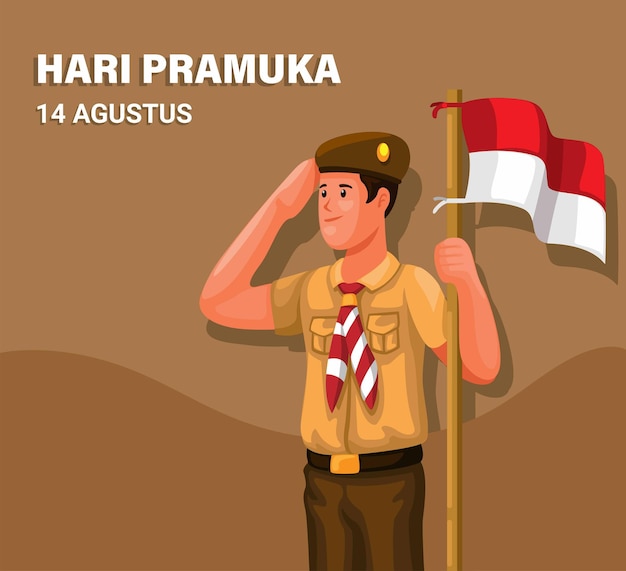 indonesian scouting day aka hari pramuka 14 august with student wear scout uniform salute vector