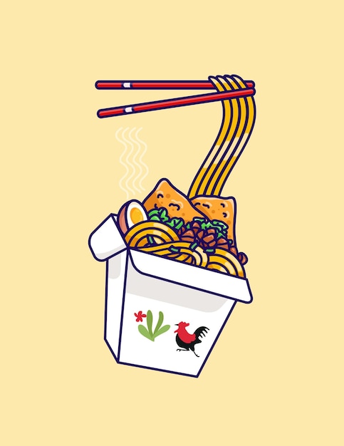 Indonesian Style Chicken Noodle In Box Vector Illustration