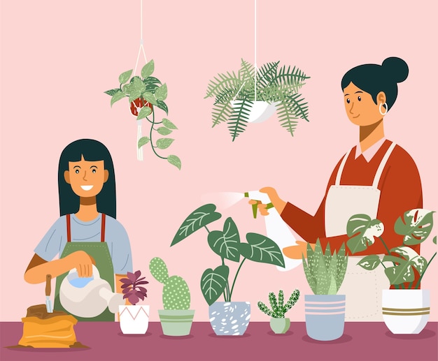 Indoor garden Mother and daughter watering plants at home Vector