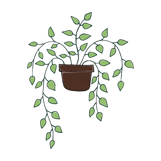 Indoor plant with leaves in a pot decor doodle linear cartoon