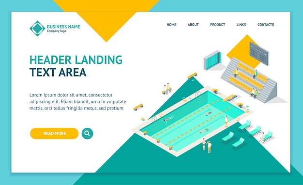 Vector indoors swimming pool landing web page template isometric view for healthy leisure training fitness and recreation vector illustration