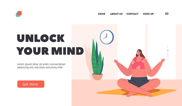 Indoors Yoga Relaxation Landing Page Template Woman Meditating Sitting in Lotus Pose in Light Hall Emotional Balance