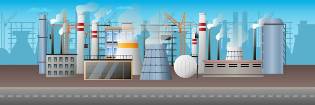 Industrial buildings background Facility pipes with smog and power plants in the city scape Storage tank with petroleum Nuclear power station near the highway road Vector illustration