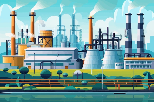 Vector industrial composition with factory buildings and pipes fuel tanks and cooling tower