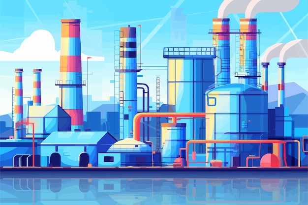 Vector industrial composition with factory buildings and pipes fuel tanks and cooling tower