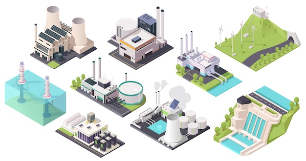 Industrial energy buildings set in isometric design Power plants and alternative green hydro electric generation stations Nuclear fuel reactor power Geothermal or wind stations Vector illustration