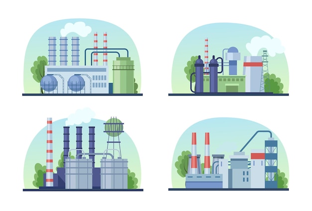 Industrial factory buildings with pipes, power station, thermal nuclear power plants, warehouse