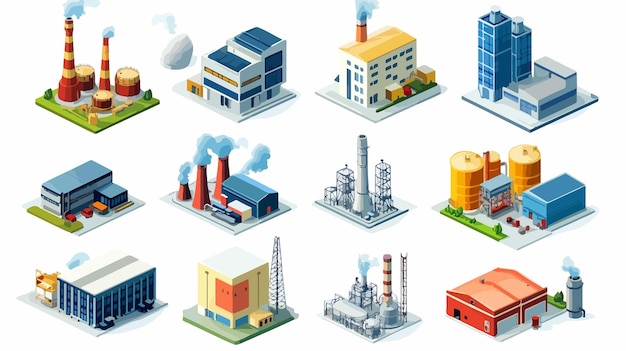 Vector industrial factory isometric icons set industrial production manufacturing facility design elements