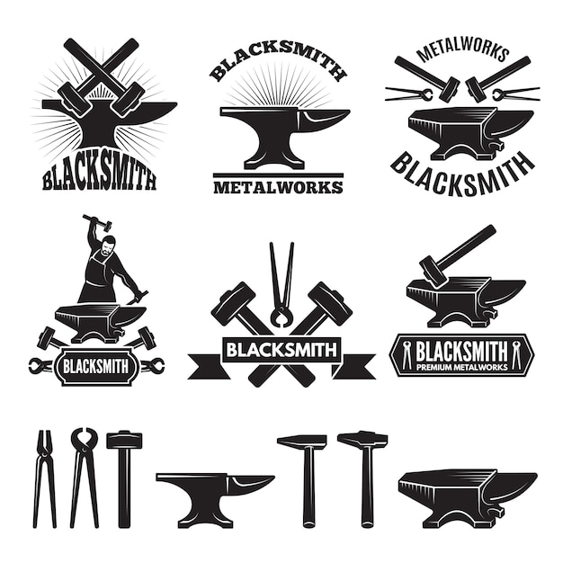 Vector industrial logo set. labels for blacksmith. 