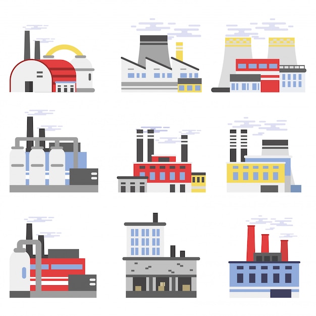 Industrial manufactory buildings set, power and chemical plant, factory   illustrations