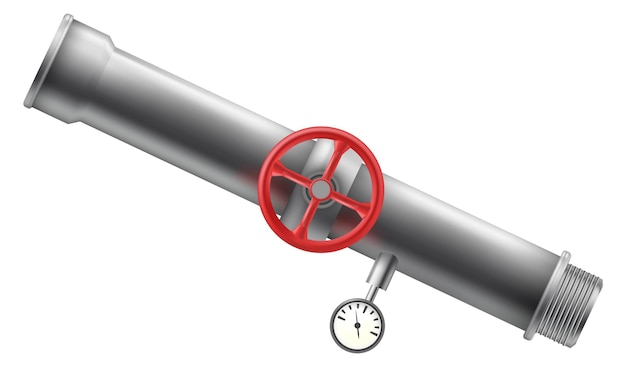 Industrial metal pipe with valve and gauge Realistic mockup