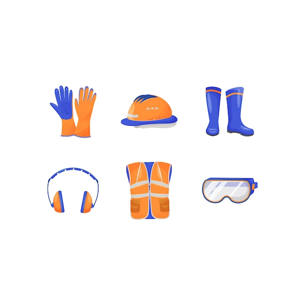 Industrial personal protective equipment flat color objects set