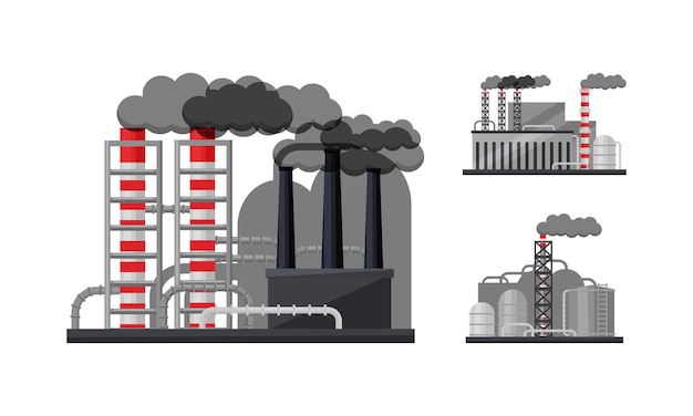 Vector industrial plants and factory buildings with pipelines emitting smoke vector set