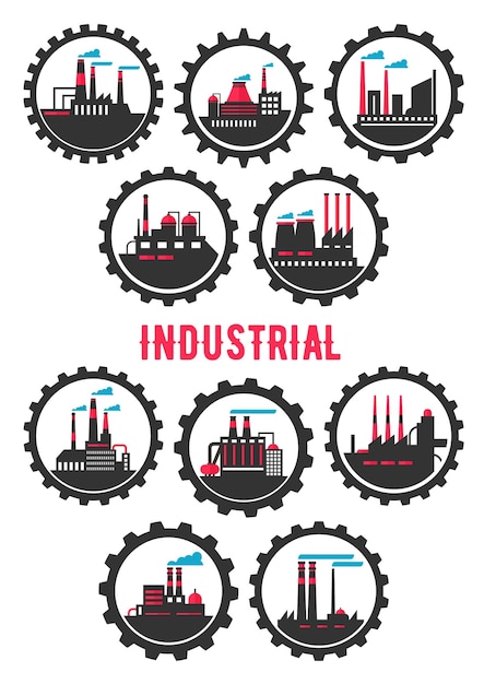 Industrial plants flat symbols framed by cogwheels