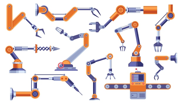 Vector industrial robot arm robotic electronic hand manipulator with machine parts automation process car manufacturing concept vector flat set