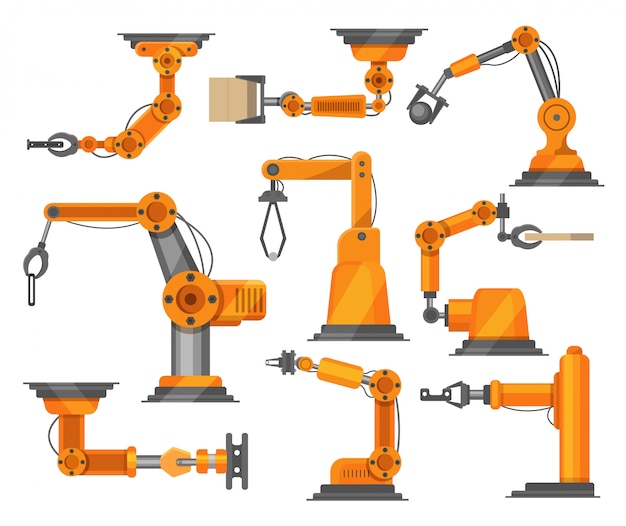 Industrial robots manipulators collection robotic illustration isolated on white. Robotized arm technology.