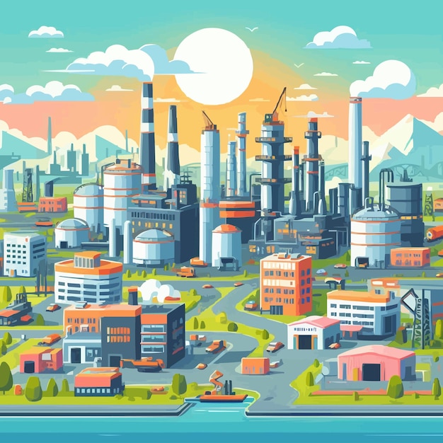 Vector an industrial zone with factories plants warehouses enterprises in the flat style landscape