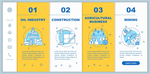 Industries onboarding mobile app page screen vector template Manufacturing business Oil industry mining walkthrough website steps with linear illustrations UX UI GUI smartphone interface concept