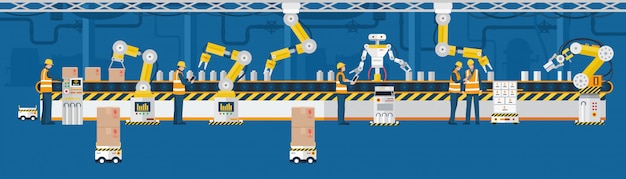 Vector industry 4.0 concept, automated production line with workers.