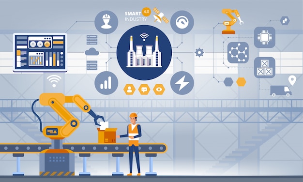 Industry 4.0 Smart factory concept. Workers, robot arms and assembly line. Technology illustration