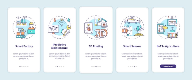 Industry 4.0 trends onboarding mobile app page screen with concepts. Smart factory, 3D printing, smart sensors walkthrough 5 steps . UI  template with RGB color