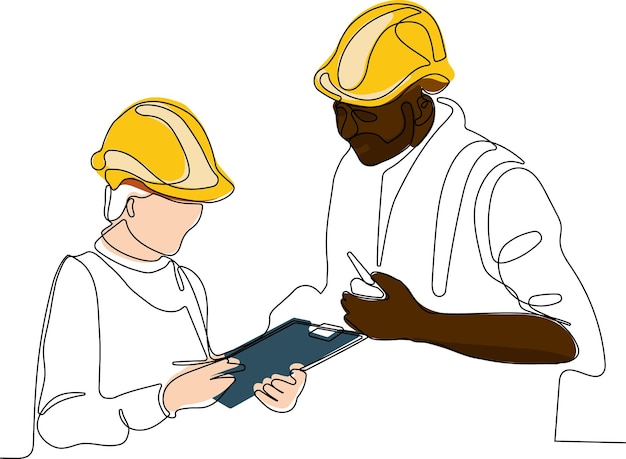 Industry engineer wearing uniform and safety helmet under inspection by tablet. Minilal line concept