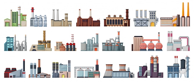 Industry factory isolated cartoon set icon.   cartoon set icon manufacturing of building.