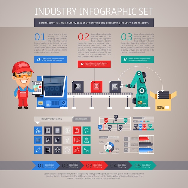 Industry Infographic Set with Factory Conveyor and Robot Arm