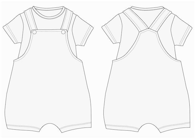 Infant Baby dungaree fashion flat sketch With TShirt template boys and girls dungaree