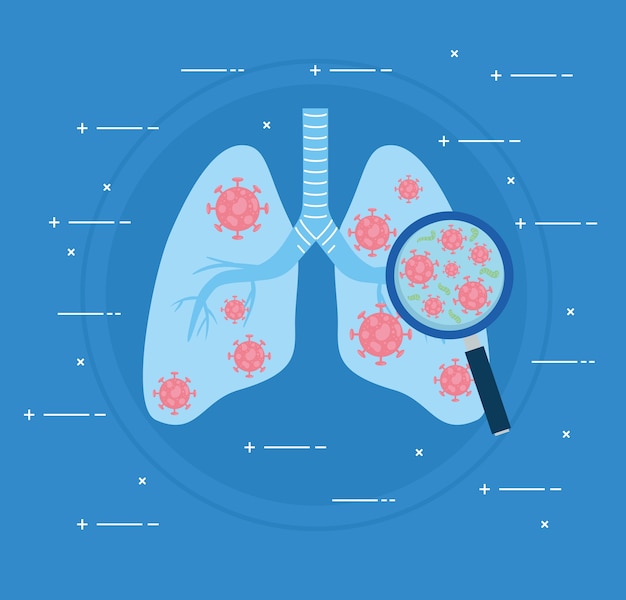 Infected lungs of covid19 human with magnifying glass illustration