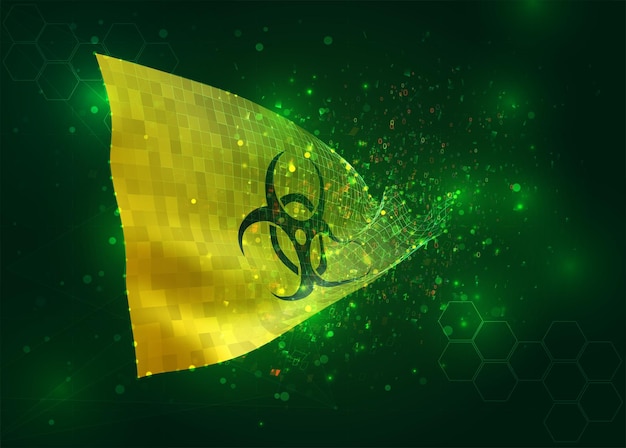 Infection on vector 3d flag on green background with polygons and data numbers